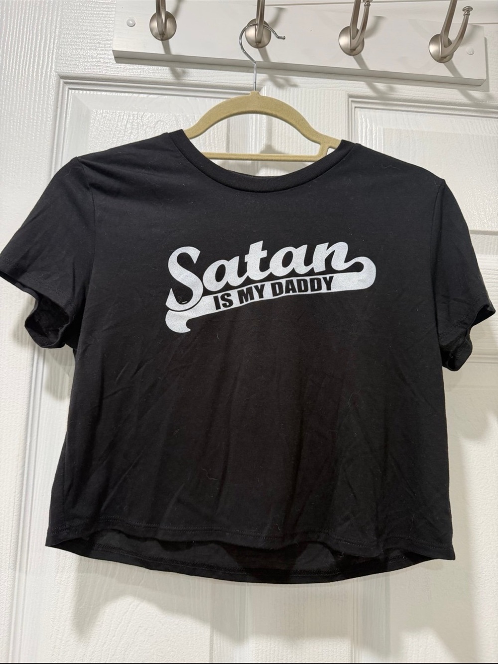 Black Graphic Crop Top with Bold White Script